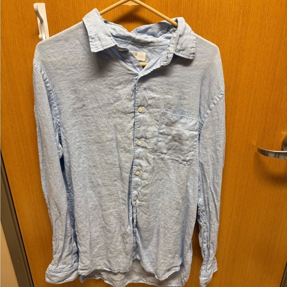 UNIQLO 100% Linen Light Blue Button Down Long Sleeve Shirt W/Front Pocket Sz L - Picture 2 of 8